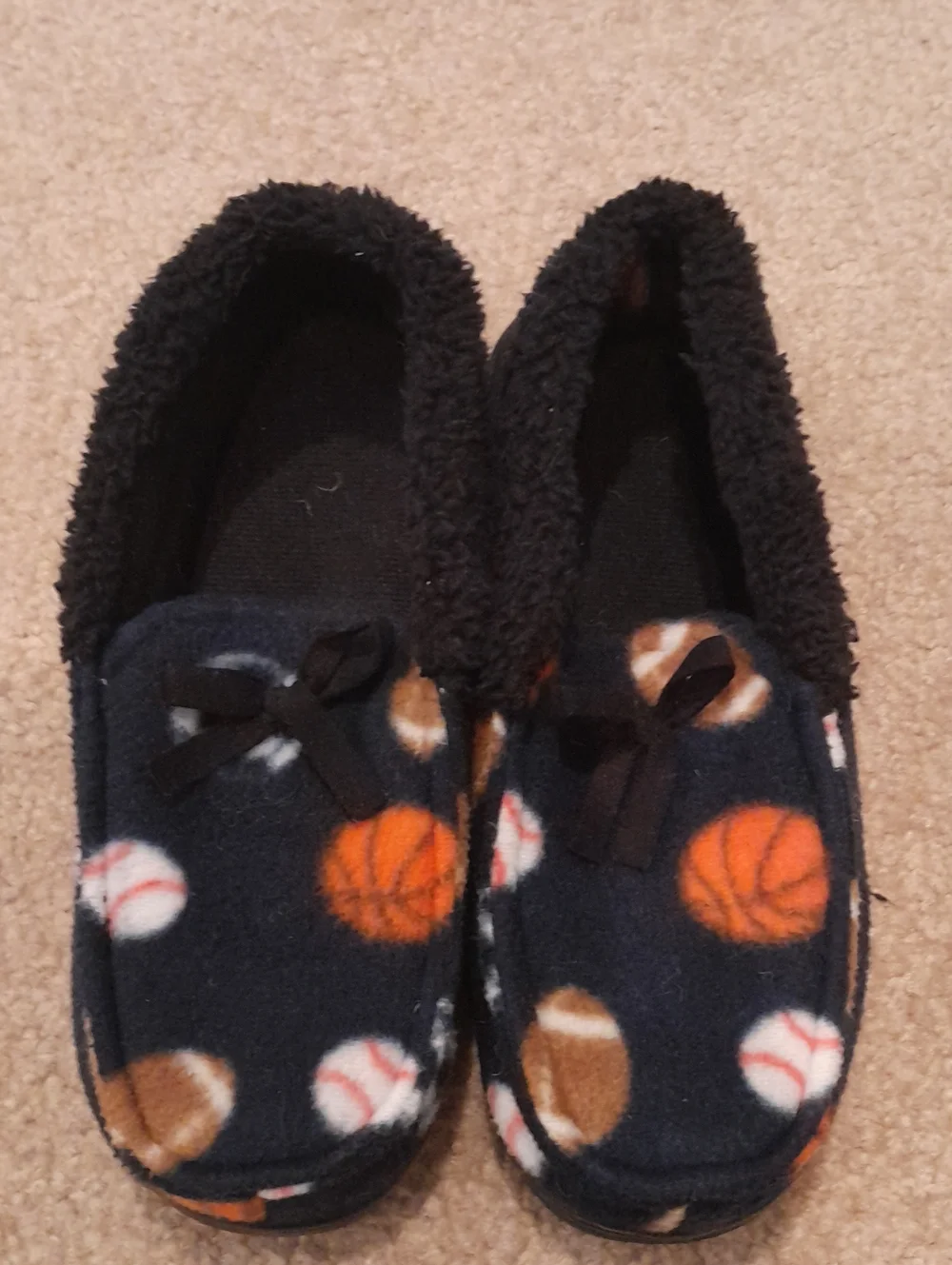 Dark Navy Blue Small Boys (1/2) Fleece Sports Print Slippers